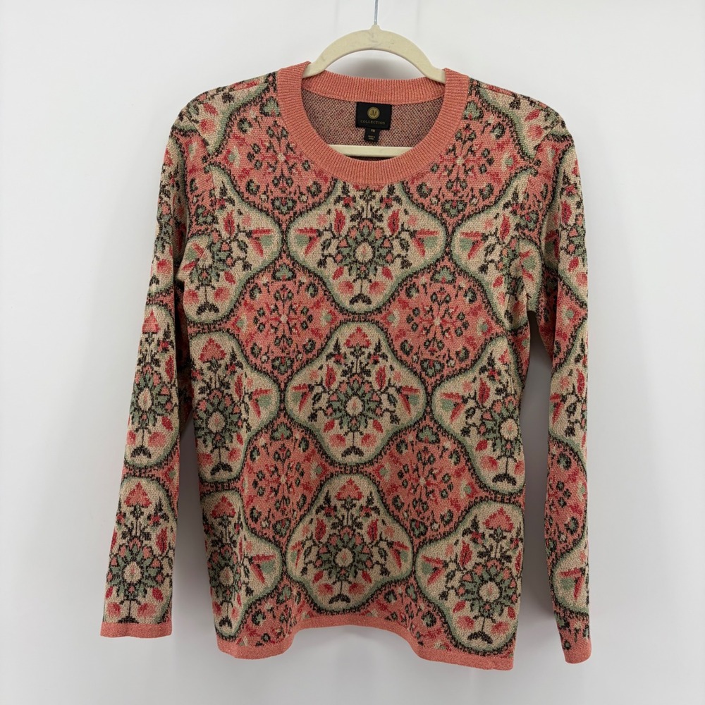 JM Collection‎ PM Pink Floral Damask Metallic Knit Crew Neck Pullover Sweater